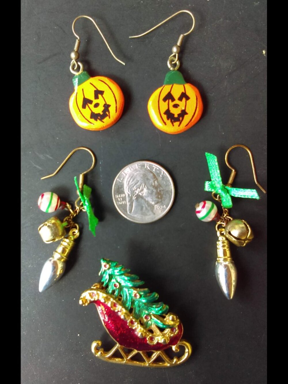 Holiday Jewelry Sleigh w/ Christmas Tree Brooch & Earrings and Pumpkin Earrings